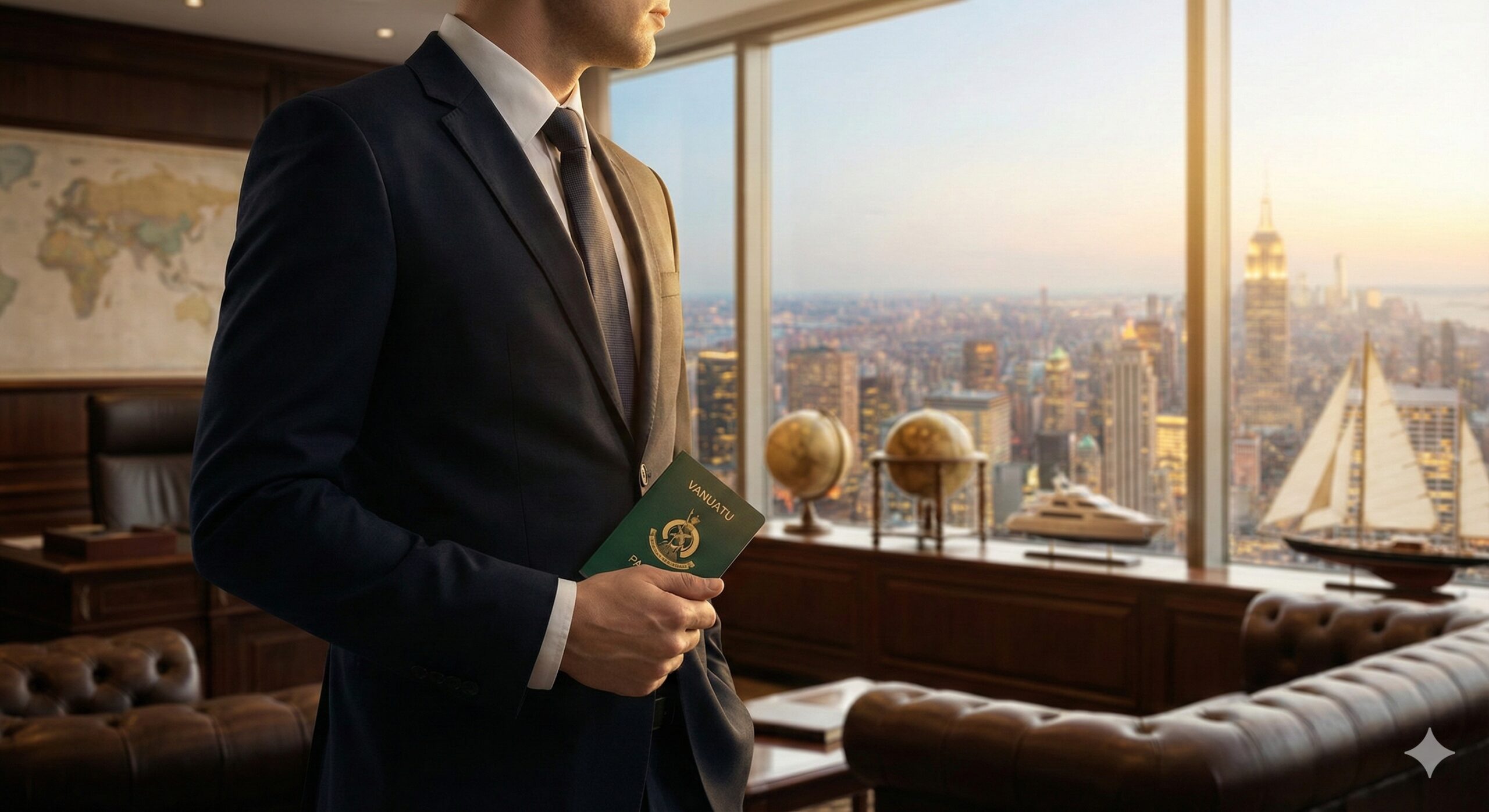 图片内容为一个拥有瓦努阿图护照的成功人士(形象专业、穿着商务装)正在一个现代化、高层俯瞰城市天际线的办公室里,眺望远方,手中轻轻拿着护照。背景展示出财富、自由和国际化的生活方式。风格为励志、高端的金融杂志封面,色彩深沉且富有质感,突出投资和资产规划的优势。构图采用深度景深,突出前景人物和护照,背景模糊化但提供环境语境。