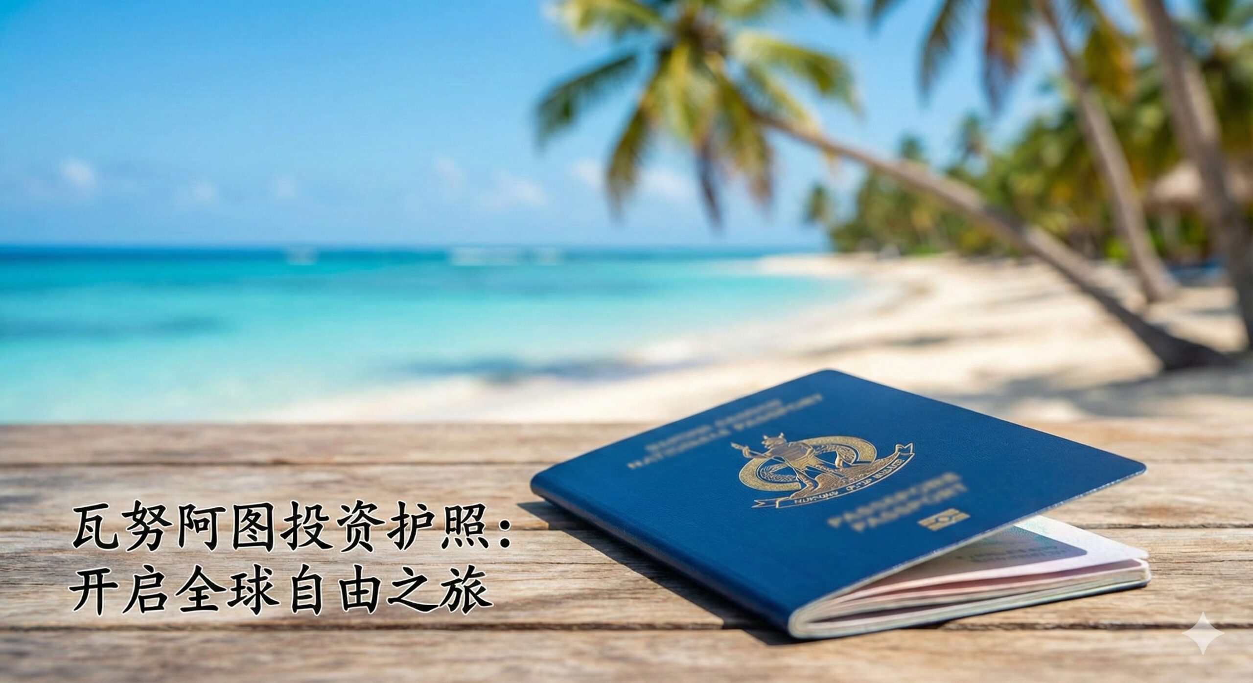 图片内容为一本摊开的瓦努阿图深蓝色护照,放置在热带海滩的木桌上,背景是模糊的碧海蓝天和棕榈树。风格为高端、精致的旅游宣传照,色彩鲜艳且饱和度高,突出热带风情。前景的护照清晰可见,页码或徽章细节精致。构图采用三分法,将护照放在黄金分割点,引导视觉。体现瓦努阿图的旅游和投资魅力。