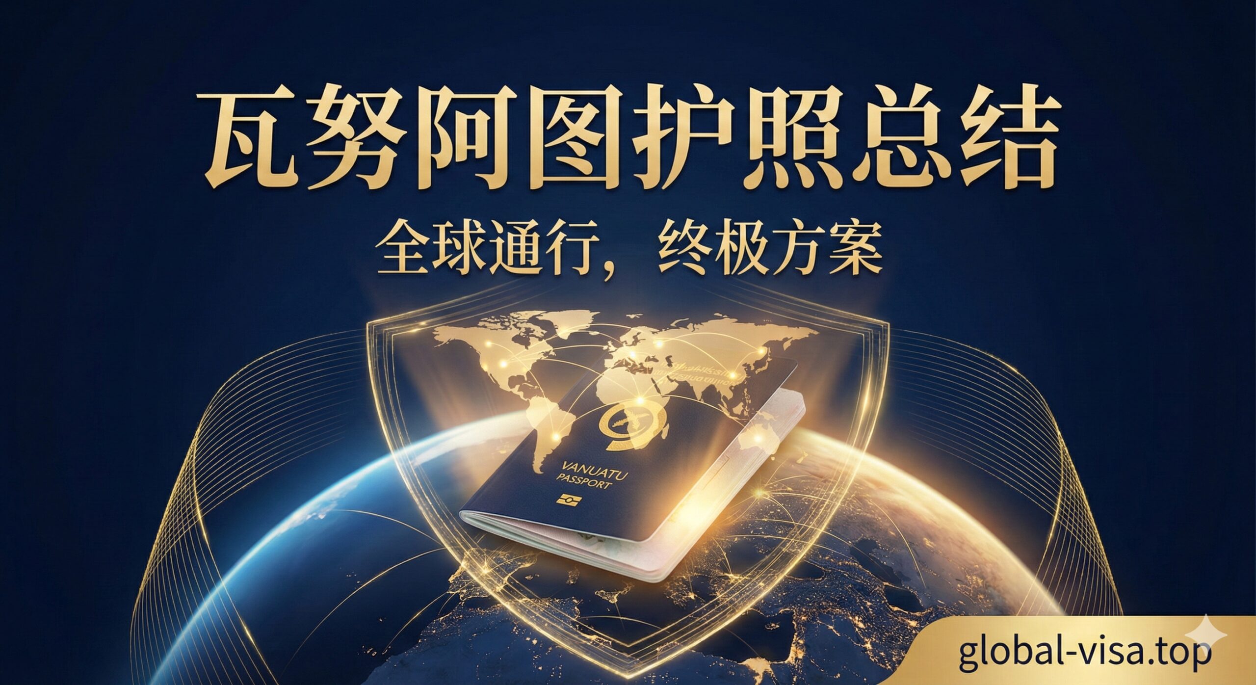 图片内容为一个地球仪的特写,一本瓦努阿图护照放在地球仪旁边或上方,护照上投射出世界地图的金色光芒。周围环绕着象征稳定和安全感的元素,如盾牌的抽象线条。风格为宏大、总结性的视觉效果,色彩采用深蓝和金色,营造权威和全球视野。构图聚焦于护照与世界的联系,强调“全球通行”和“终极解决方案”的总结性概念。