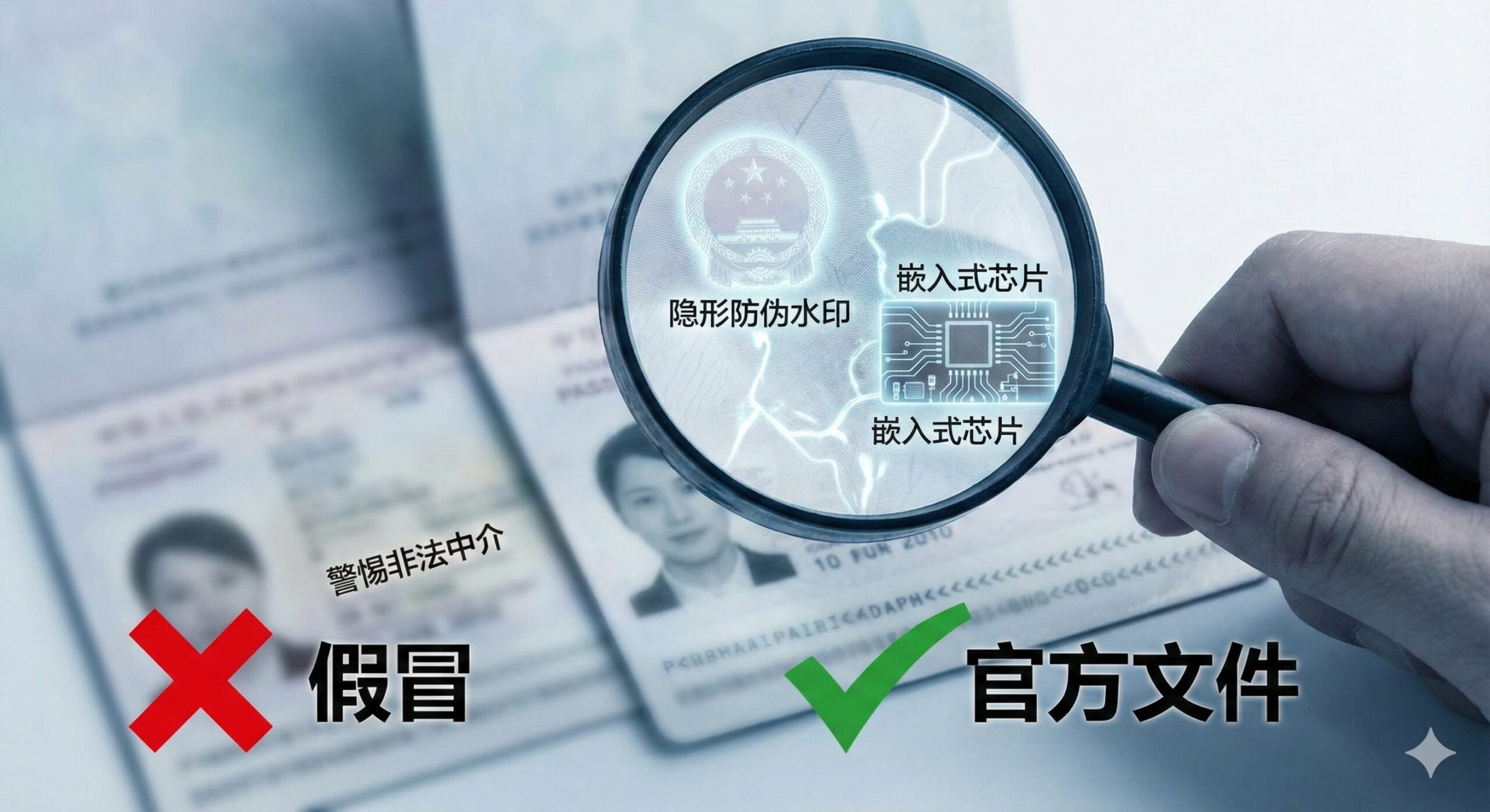 一张特写视角的概念图，专注于防伪鉴别。画面展示一只手拿着放大镜正在检查缅甸护照的数据页底纹，放大镜下显示出隐形的防伪水印和嵌入式芯片的电路结构。背景处隐约可见警示性的‘Fake’字样被打红叉，对比前景中真实的‘Official Document’绿色验证标记。灯光采用冷色调，强调鉴别真伪的严肃性与专业度，帮助用户警惕非法中介。
