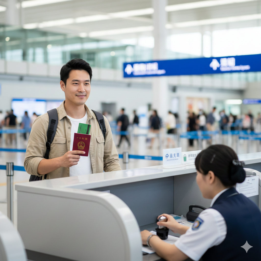 一张在仁川国际机场海关入境处的场景图。一位手持中国护照和美国绿卡的旅客正自信、微笑地通过海关柜台,韩国移民官正在盖入境章。背景是繁忙但有序的机场大厅,指示牌上模糊可见'Transit / Transfer'字样。画面传递出通关顺畅、无需繁琐签证申请的便捷优势,光线明亮,色彩清新。