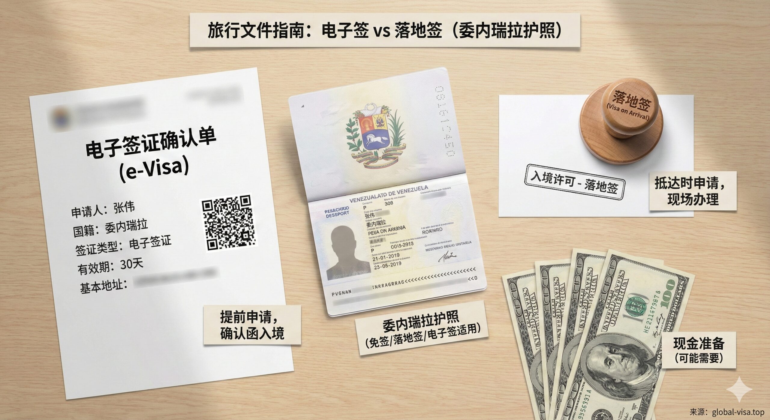 一张精致的平铺摆拍图（Flat-lay），背景为浅色木纹桌面。桌面上整齐排列着旅行必备文件：一本委内瑞拉护照、一张打印好的电子签证（e-Visa）确认单、一枚模拟的'落地签（Visa on Arrival）'印章以及少量美元现金。光线为明亮的自然光，阴影柔和，画面清晰锐利。此图旨在视觉化地区分不同的入境方式，帮助读者理解电子签与落地签的区别，风格实用且具有教育意义。