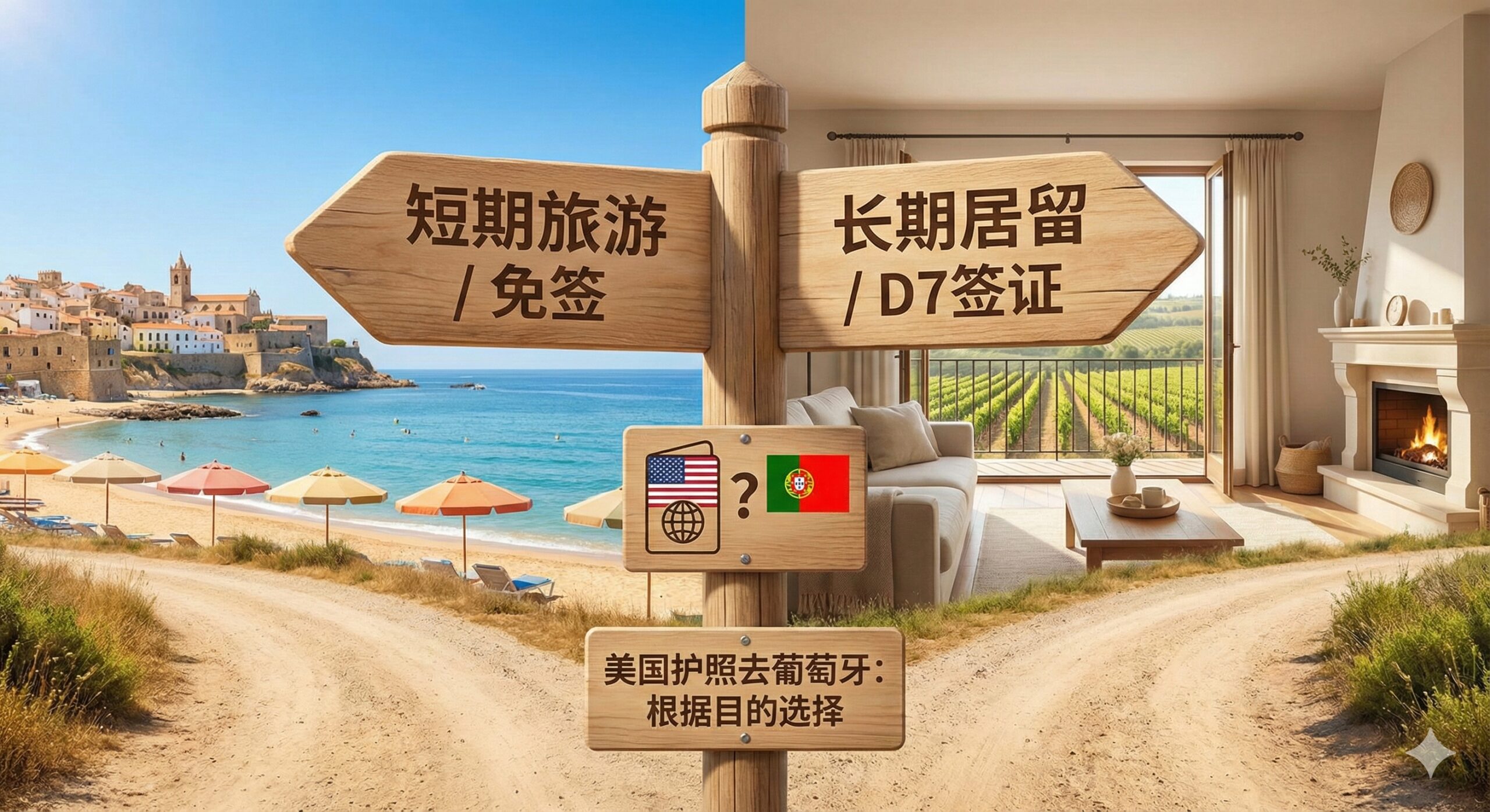 一张具有象征意义的总结性图片,画面呈现一个分叉路口的路标概念。左侧路标指向‘Short Stay / Tourism’(短期旅游/免签),背景是轻松的度假场景;右侧路标指向‘Long Term / D7 Visa’(长期居留/D7签证),背景是舒适的家居生活场景。构图平衡,色彩鲜明,旨在总结文章中关于不同旅行目的需要不同签证类型的核心逻辑,引导用户根据自身需求做出选择。