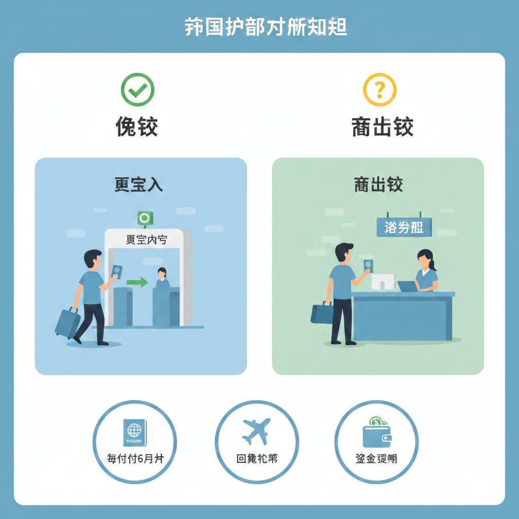 总结图，用于区分“免签”和“落地签”以及总结关键注意事项。图片采用左右分栏或对比式布局。左侧标题“免签 (Visa-Free)”配以一个绿色✓图标和简化入境流程的插画（直接通过海关）；右侧标题“落地签 (Visa on Arrival)”配以一个黄色？图标和在机场柜台排队办理签证的插画。底部是一个列表或图标组，总结“有效期6个月、回程机票、资金证明”等关键提醒。整体风格应简洁、信息图表化，便于快速回顾和理解出行的必备条件。