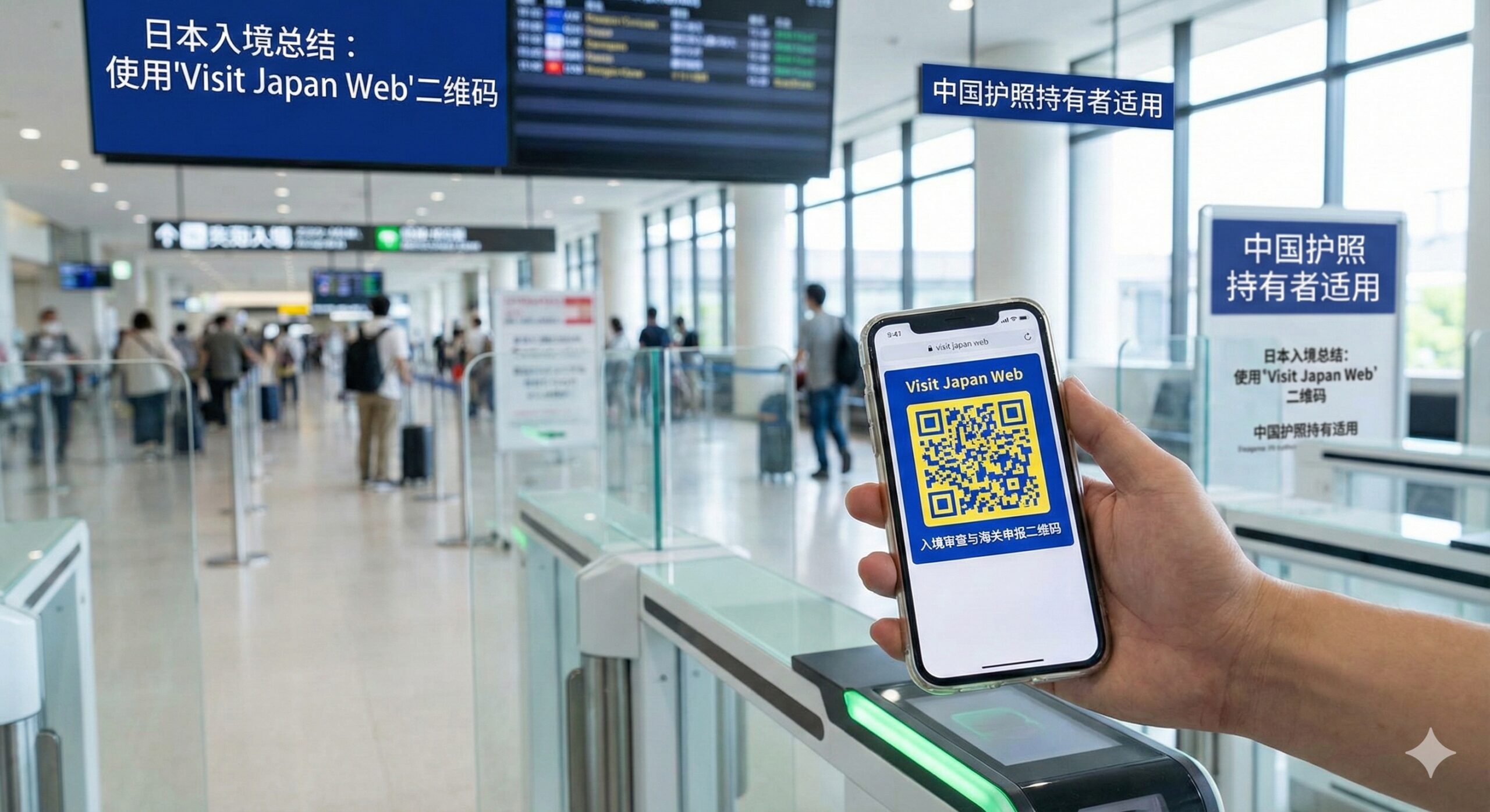 一张模拟日本机场入境场景的图片,背景是现代化的日本国际机场(如成田或羽田)到达大厅,有明显的日文和英文指示牌。前景是一只手拿着智能手机,屏幕上清晰显示'Visit Japan Web'生成的黄色或蓝色通关二维码,正准备扫描通过海关闸机。图片色调清新,传达出顺利入境、准备开始日本之旅的愉悦感,用于总结入境流程。