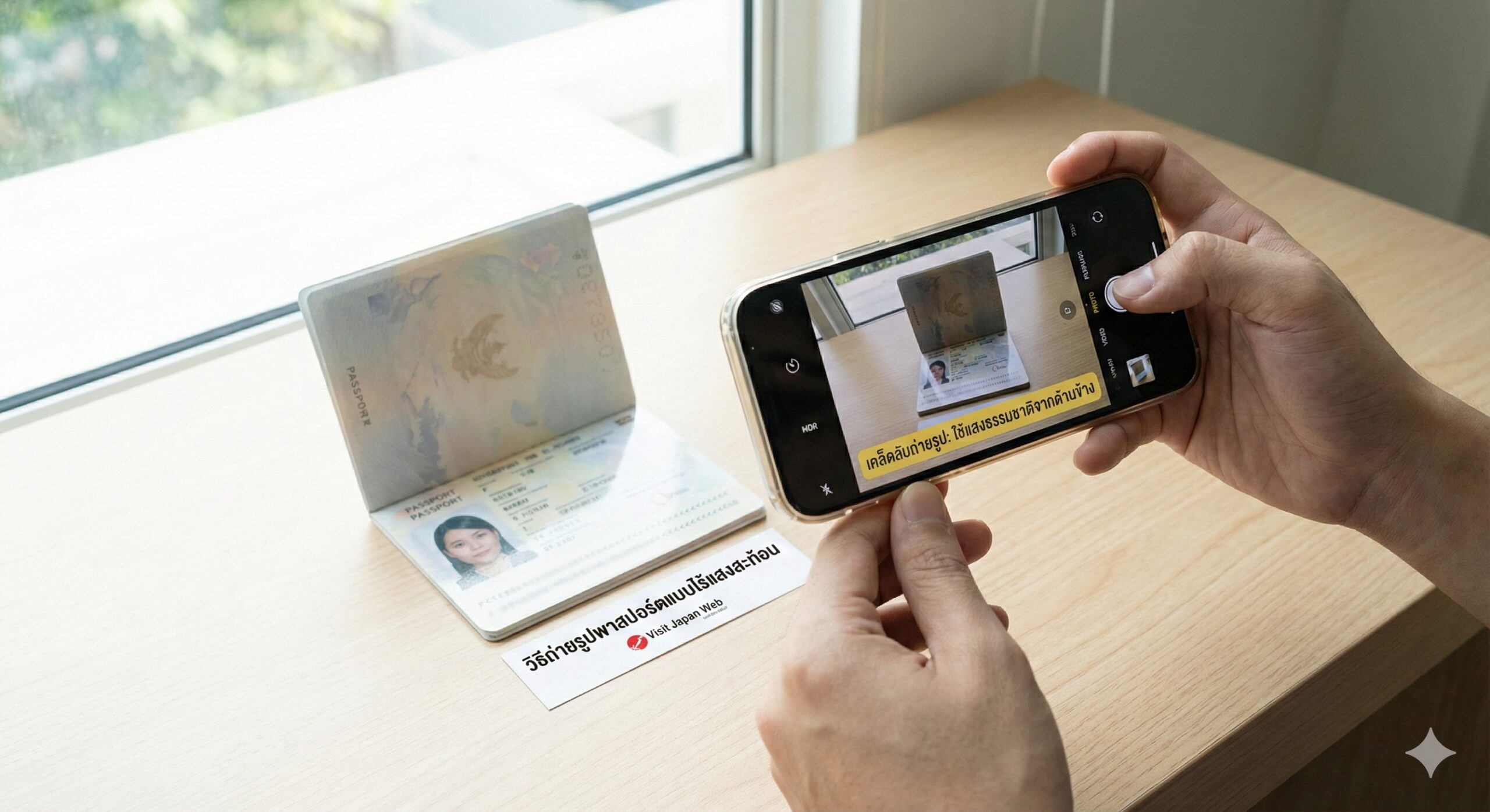 ภาพถ่ายจริงสไตล์การสอน แสดงวิธีการถ่ายภาพพาสปอร์ตแบบไม่มีแสงสะท้อน ในภาพแสดงพาสปอร์ตวางตั้งขึ้นบนโต๊ะ ทำมุม 45 องศากับพื้นระนาบ ด้านข้างมีแสงธรรมชาติจากหน้าต่างส่องเข้ามาอย่างนุ่มนวล หลีกเลี่ยงจุดแสงสะท้อนโดยตรงจากโคมไฟเพดาน เลนส์โทรศัพท์ถ่ายขนานไปกับหน้าพาสปอร์ต ภาพสว่างและโปร่งใส ไม่มีเงาบดบังข้อมูลสำคัญ องค์ประกอบภาพเคร่งครัด มีประโยชน์ในการแนะนำการใช้งานจริงอย่างมาก ช่วยผู้ใช้แก้ปัญหาการแจ้งเตือนข้อผิดพลาดจากแสงสะท้อน