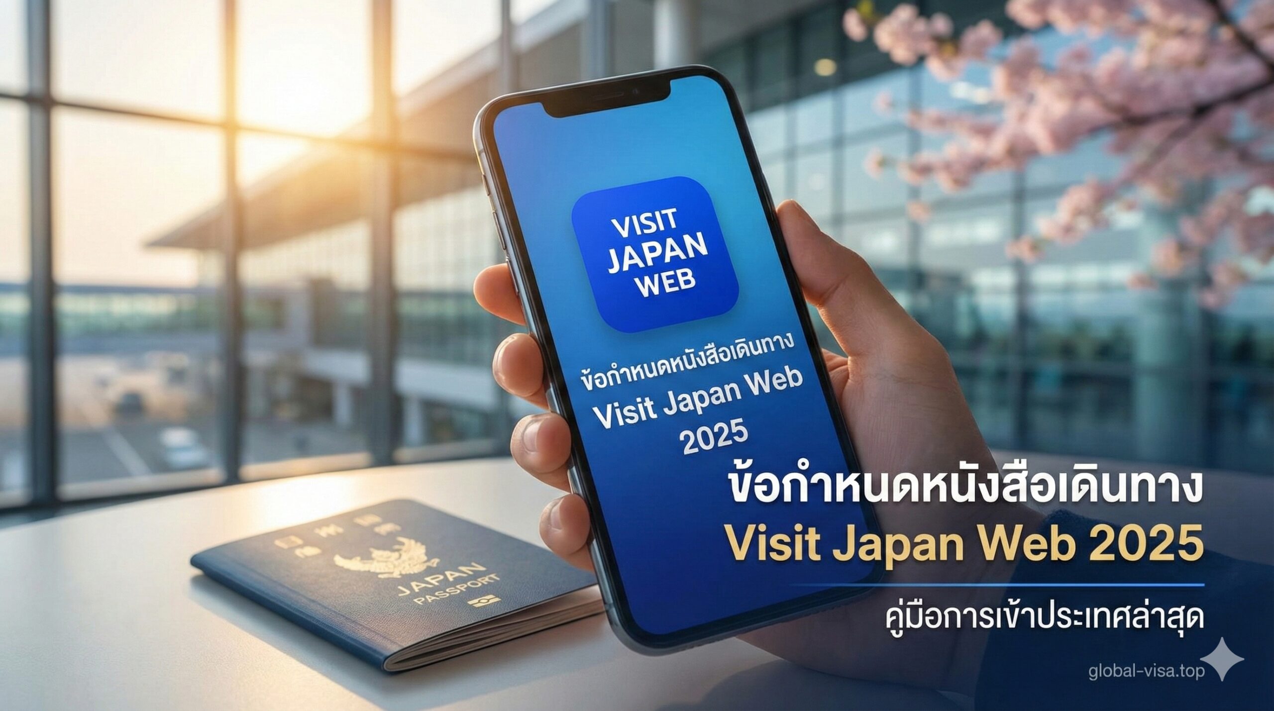 ภาพปกที่ทันสมัยและดึงดูดสายตาในหัวข้อการท่องเที่ยวญี่ปุ่นและการเข้าเมืองแบบดิจิทัล ตรงกลางเป็นสมาร์ทโฟนที่หน้าจอแสดงไอคอนอินเทอร์เฟซสีฟ้าของ Visit Japan Web อย่างชัดเจน ข้างๆ มีหนังสือเดินทางสากลวางอยู่ พื้นหลังเบลอๆ เห็นเส้นสายของอาคารผู้โดยสารสนามบินญี่ปุ่นที่ทันสมัยหรือพื้นหลังดอกซากุระจางๆ โทนสีผสมผสานระหว่างสีฟ้าเทคโนโลยีและสีอุ่นของแสงแดด สื่อถึงความเป็นมืออาชีพและความน่าตื่นเต้นของคู่มือการเข้าเมืองล่าสุดปี 2025
