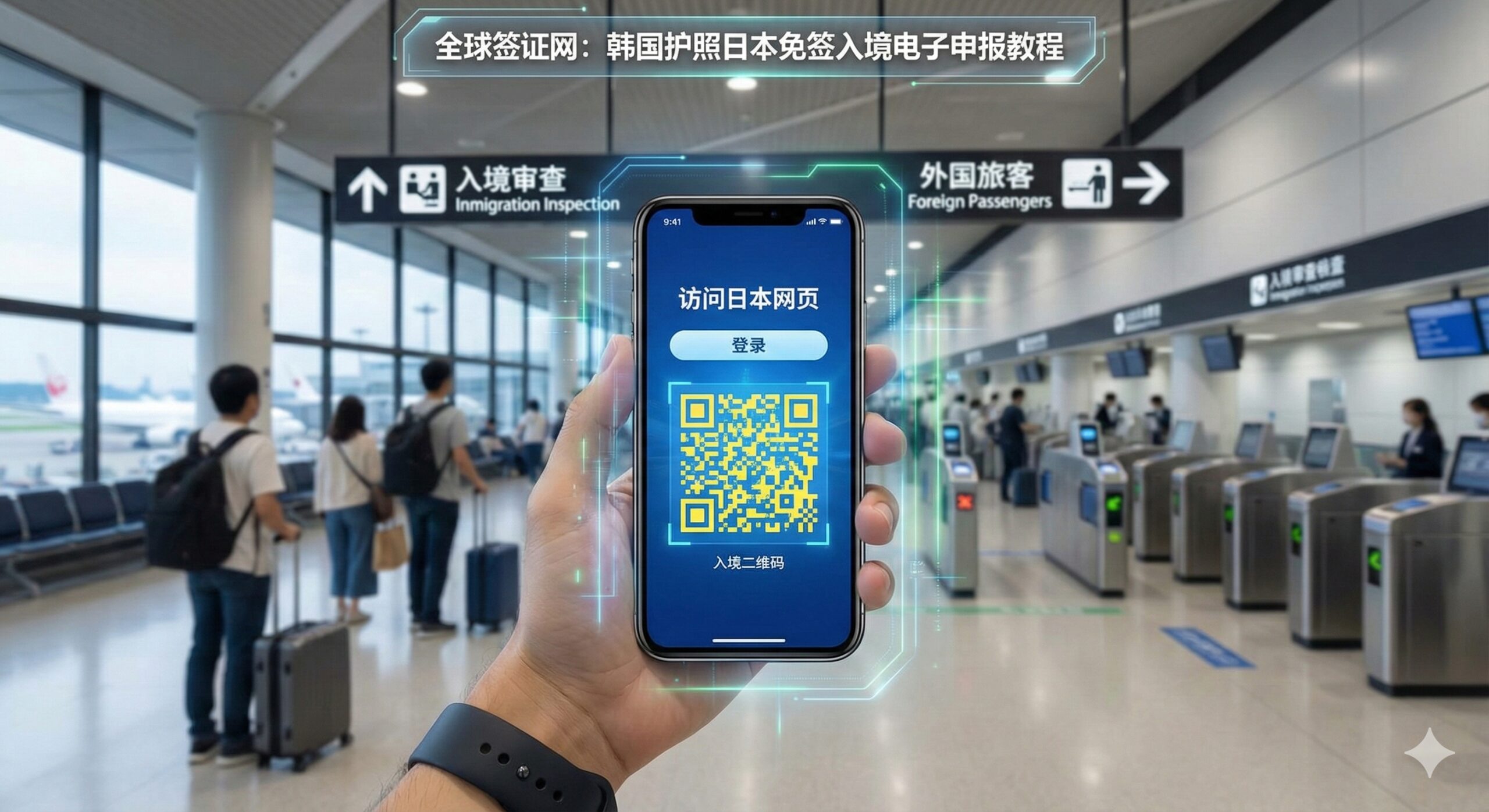 第一人称视角的实景照片，展示一只手握着现代智能手机，屏幕上清晰显示“Visit Japan Web”的蓝色登录界面和生成的黄色/蓝色二维码。背景是繁忙但有序的日本成田机场入境大厅，远处有模糊的日语指示牌。画面中加入轻微的全息科技感光效，强调数字化入境流程的便捷性，帮助用户直观理解电子申报步骤。