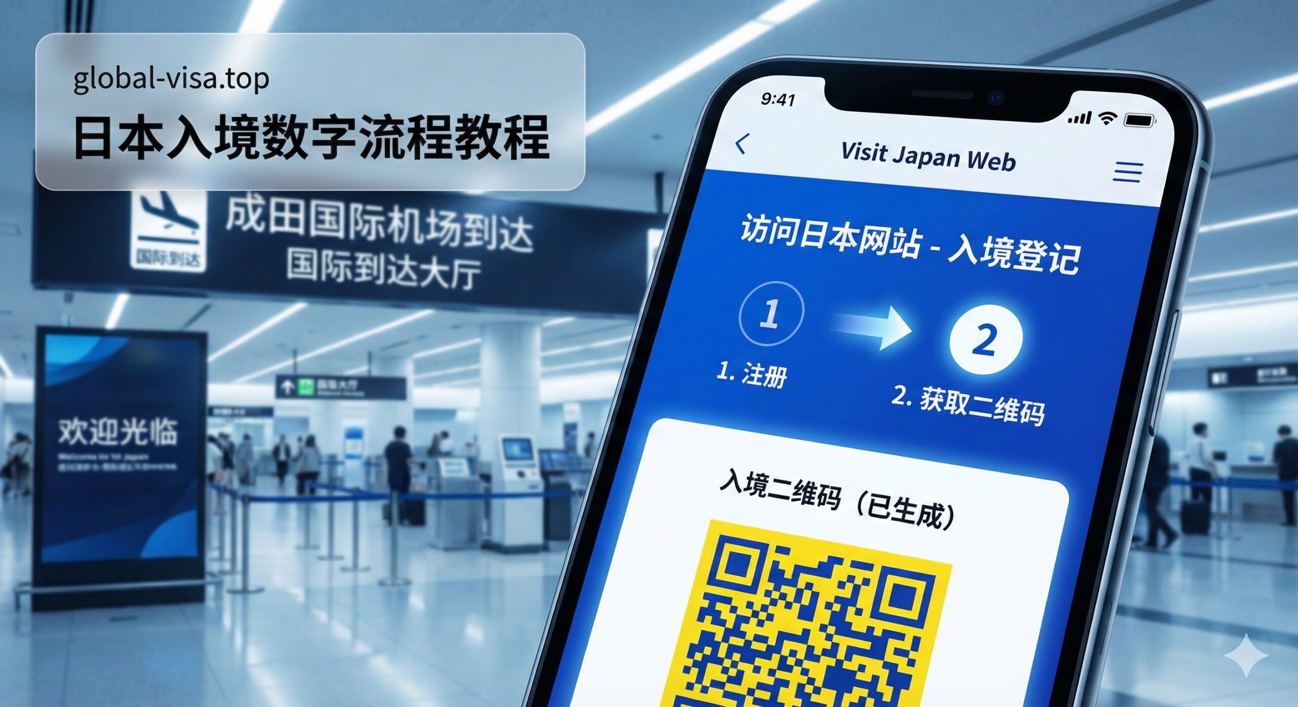 一张详细的教程指引图，特写展示一部智能手机屏幕，屏幕上显示着'Visit Japan Web'的蓝色界面和生成的黄色/蓝色入境二维码。背景是模糊的成田机场国际到达大厅。画面中包含简洁的引导箭头和步骤编号（1. Register, 2. Get QR Code），强调数字化入境流程的便捷性，科技感强，清晰易懂。