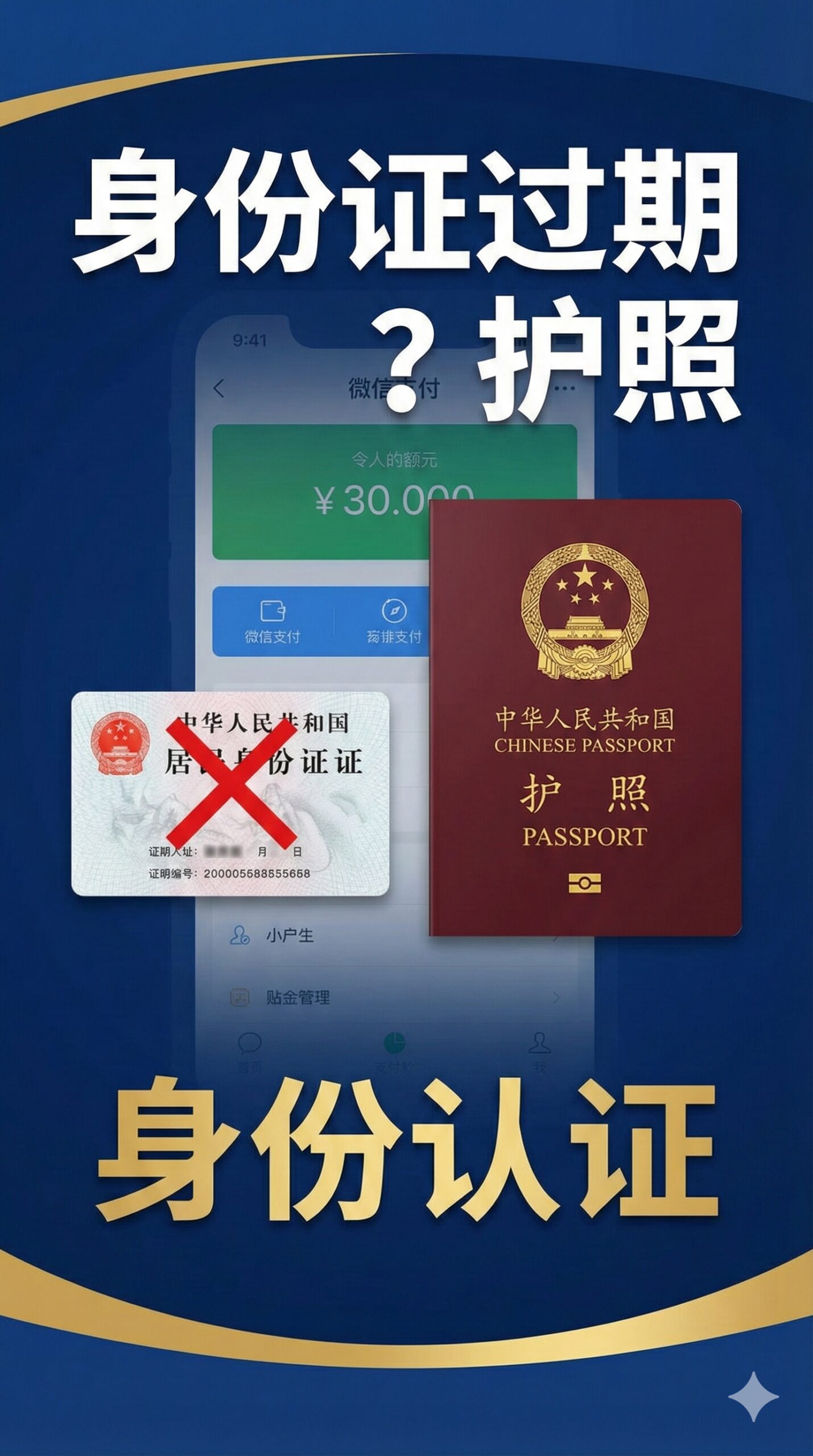 图片应以深蓝色和金黄色为主色调,强调专业和权威性。核心元素是一个醒目的中国护照封面(深红色),叠加在一个有红色“X”标记的过期中国大陆身份证照片上,两者并排放在一张略微透明的微信支付界面背景上。构图上,护照位于画面右侧,身份证和红叉在左侧。上方用粗体字写着:“身份证过期”和“护照”,中间有一个大问号,下方是“身份认证”的字样。整体风格现代、简洁,传达出“过期身份证与护照不能互替”的冲突主题。