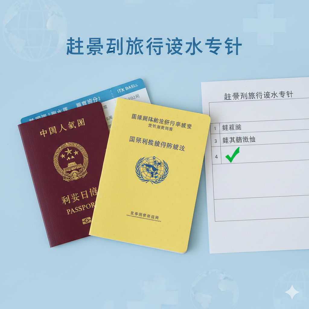 一张特写摄影图,重点展示前往巴西旅行的特殊健康要求。画面核心是一本黄色的'疫苗接种或预防措施国际证书'(俗称小黄本),上面印有世界卫生组织的标志。旁边放置着一张飞往巴西的机票和一张检查清单(Checklist),清单上'黄热病疫苗'一项已被打钩。背景采用淡蓝色的医疗卫生色调,风格严谨、可信,旨在提醒用户注意疫苗接种这一关键的'隐形关卡',体现网站资讯的全面性和专业度。