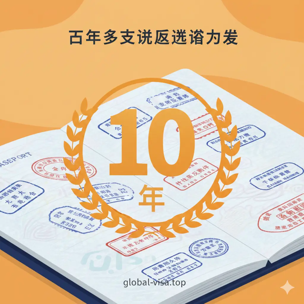 突出10年多次往返签证优势的视觉图。画面中心是一个醒目的数字'10'以及'Years'字样，背景是一个盖满了蓝色和红色出入境章的护照页面。整体风格偏向现代扁平化设计，结合金色的奖章元素，寓意长期有效和极大的便利性。色彩使用对比鲜明的暖色调，营造出一种获得长期旅行自由的愉悦感。