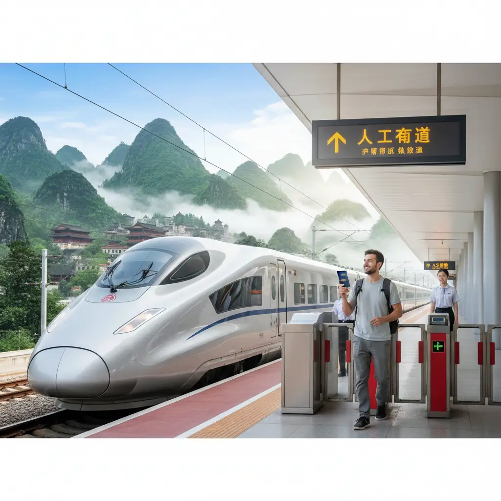 展现中国高铁出行优势的壮丽场景。画面捕捉一列子弹头列车穿梭在如画的中国山水或繁华城市天际线之间。近处是一名国际友人持护照从火车站人工通道轻松通过,工作人员面带微笑。整体画面光线充足,色彩鲜艳,寓意通过12306护照买票后能够享受无缝衔接、高效舒适的中国探索之旅,视觉上极具感染力。