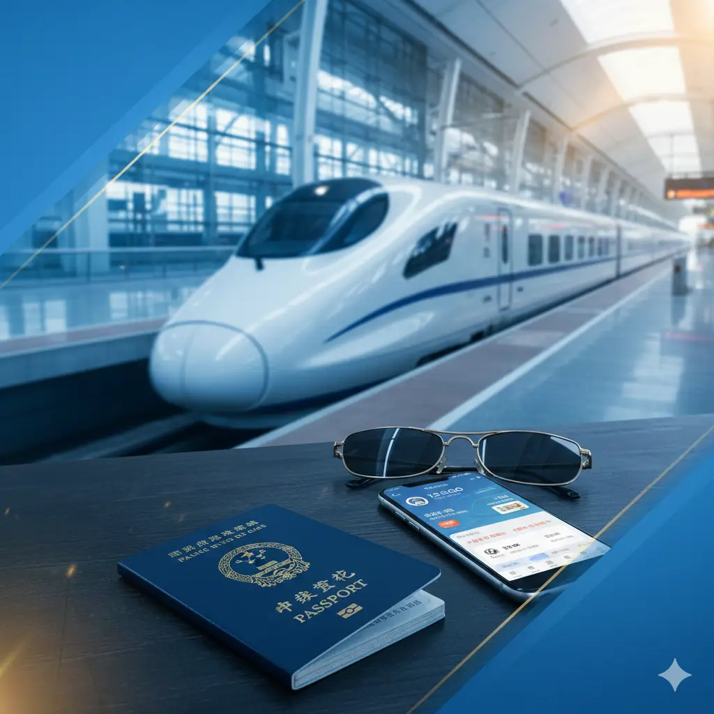 一张具有现代感且大气的封面图。背景是模糊的中国高速铁路和谐号动车组正在飞速驶过现代化的火车站台。前景桌面上摆放着一本深蓝色的国际护照、一部显示着12306 App购票界面的智能手机,以及一副时尚的旅行墨镜。色调以清爽的科技蓝和暖阳金为主,画面构图采用对角线分布,展现出便捷、高端的中国旅行氛围,体现12306护照买票的主题。
