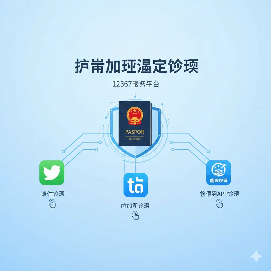 采用现代扁平化或轻3D风格的插画设计，展示三种核心查询渠道。画面左侧是微信图标，中间是支付宝图标，右侧是国家移民局APP图标，三者通过数据流线条汇聚到中心的一个数字盾牌或电子护照图标上。