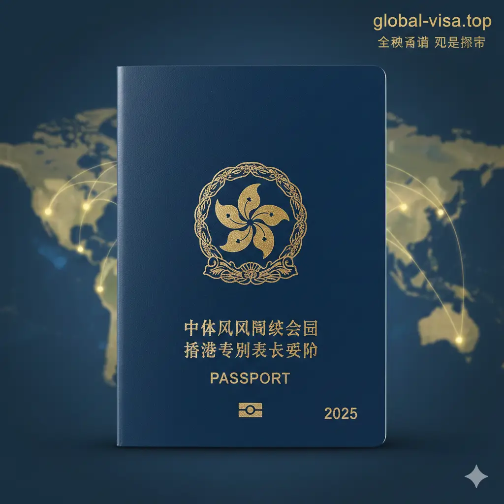 一张极具质感的封面图，画面中央展示一本深蓝色的香港特区护照（HKSAR Passport），金色的紫荆花徽章在柔和的灯光下熠熠生辉。背景是一张虚化的世界地图，地图上用发光的连接线标示出主要的免签国家（如日本、英国、欧洲申根区）。画面角落巧妙融入'2025'的年份字样，整体色调为深蓝与金色的商务风格，象征着全球通行的高含金量与尊贵身份，构图稳重且大气。