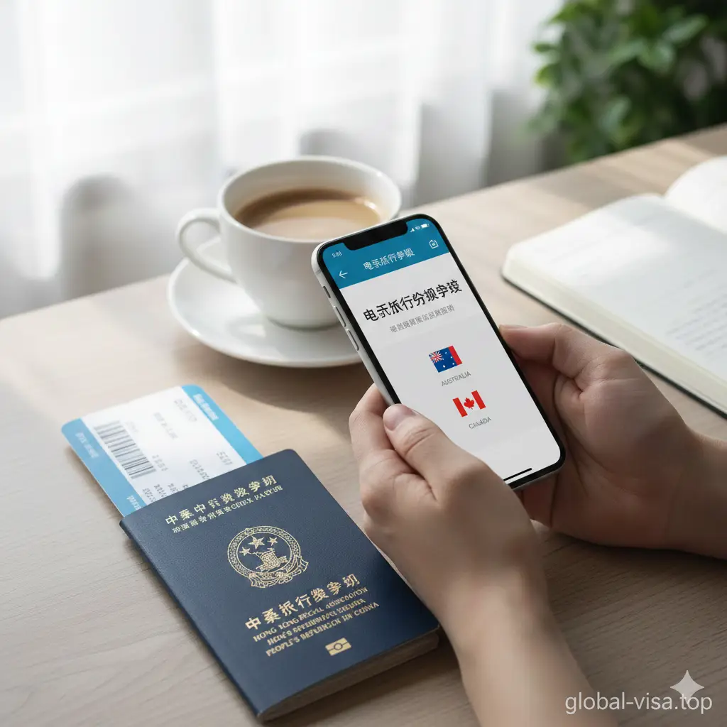 一张特写视角的实操场景图，展示旅行前的准备工作。画面中一双干净的手持着智能手机，屏幕上清晰显示着'ETA'或'eTA'的申请界面（如澳大利亚或加拿大的电子签证App图标）。旁边放在桌面上的是香港特区护照、登机牌和一杯咖啡。光线明亮自然，营造出轻松但有序的旅行规划氛围。