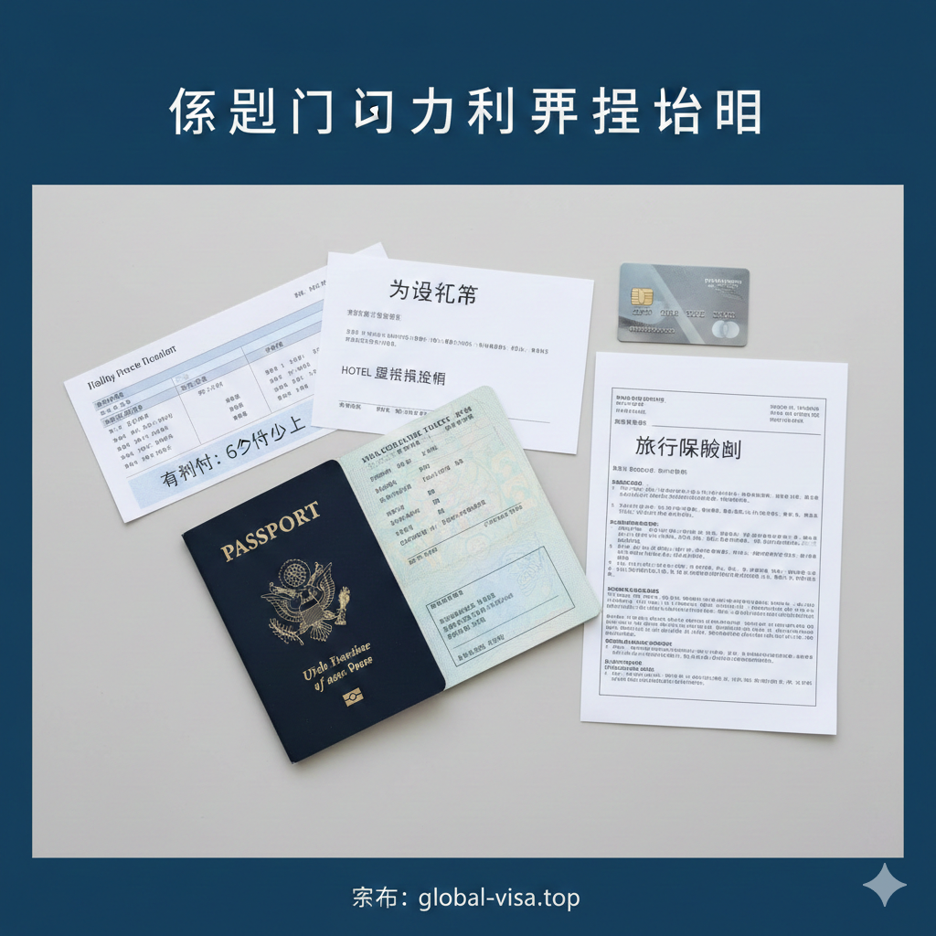 一张俯拍视角的旅行准备平铺图（Flat lay），放置在干净的白色或浅灰色桌面上。画面包含：一本打开的美国护照（重点展示有效期需超过3个月）、打印好的往返机票行程单、酒店预订确认函、一张国际信用卡以及一份印有'Travel Insurance'字样的保险单据。光线明亮均匀，布局井井有条，视觉上引导读者理解入境意大利所需准备的完整文件清单。