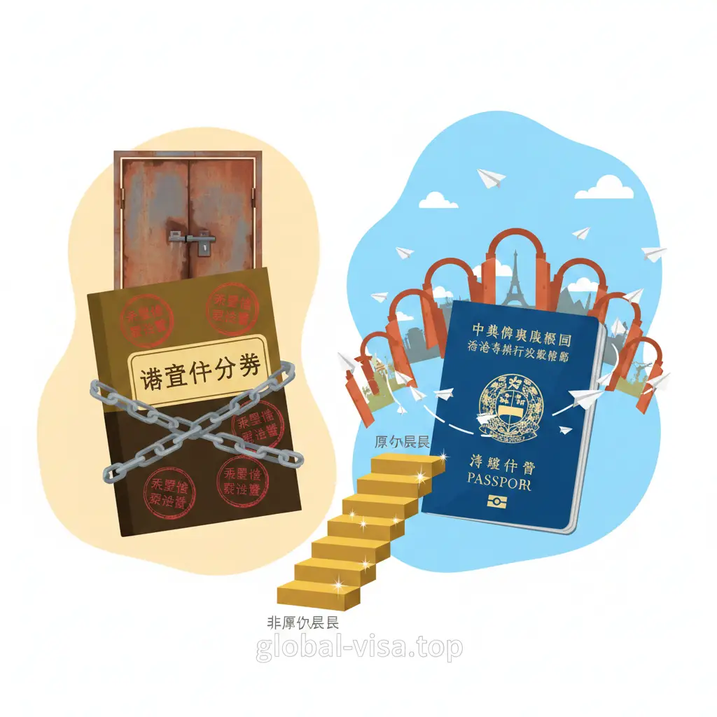 一张对比鲜明的概念插画，展示身份升级的优势。画面左侧是一本暗淡的黄色'签证身份书（DI）'，周围环绕着锁链或红色的'VISA REQUIRED'印章；画面右侧则是一本光鲜亮丽的蓝色香港特区护照，周围是打开的国门和飞翔的飞机剪影。中间有一条向上的金色阶梯连接两者，象征从非永居到永居的身份跨越。