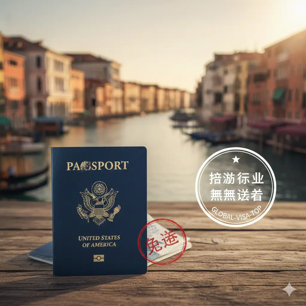 一张充满希望与憧憬的结尾图。背景是现代化国际机场的落地窗，窗外是一架正在起飞的客机划破长空。前景是一个拉着行李箱的商务旅客背影，正自信地走向登机口，手中拿着护照。画面右下角留有空间，隐喻'Global-Visa'的专业咨询服务助您起航。