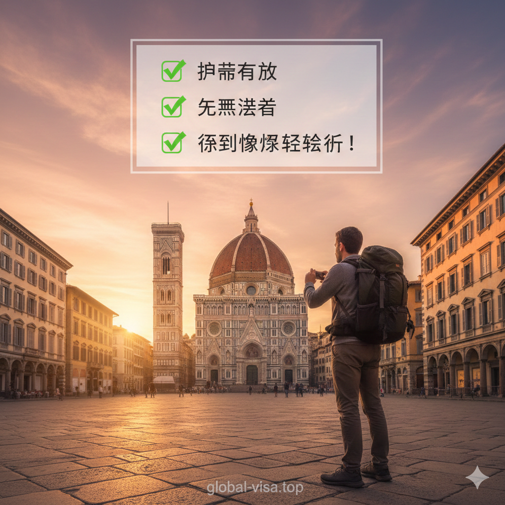 一张充满生活气息的总结性图片，描绘一名背着旅行背包的游客站在意大利佛罗伦萨的广场上，背对镜头望向远处的圣母百花大教堂，享受夕阳余晖。图片上方叠加半透明的简洁核对清单设计，列出'Passport Valid'、'No Visa Needed'、'90 Days Limit'三个关键点。色调温馨、充满希望，寓意只要遵守规则就能享受完美的意大利假期，为文章画上完美句号。