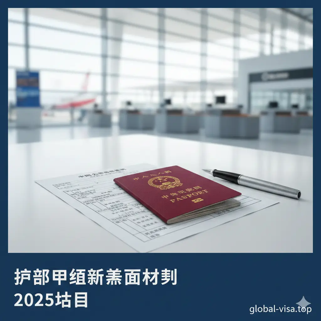 一张专业且引人注目的封面图，展示一本深红色的中国护照放置在干净的白色办公桌上，旁边放着一支钢笔和一份填写好的《中国公民出入境证件申请表》。背景是微虚化的机场航站楼或现代化签证中心大厅，透出明亮的自然光。图片整体色调为商务蓝与白色，突显global-visa.top的专业权威感，构图中心聚焦于护照封面，暗示‘更新’与‘启程’的主题。