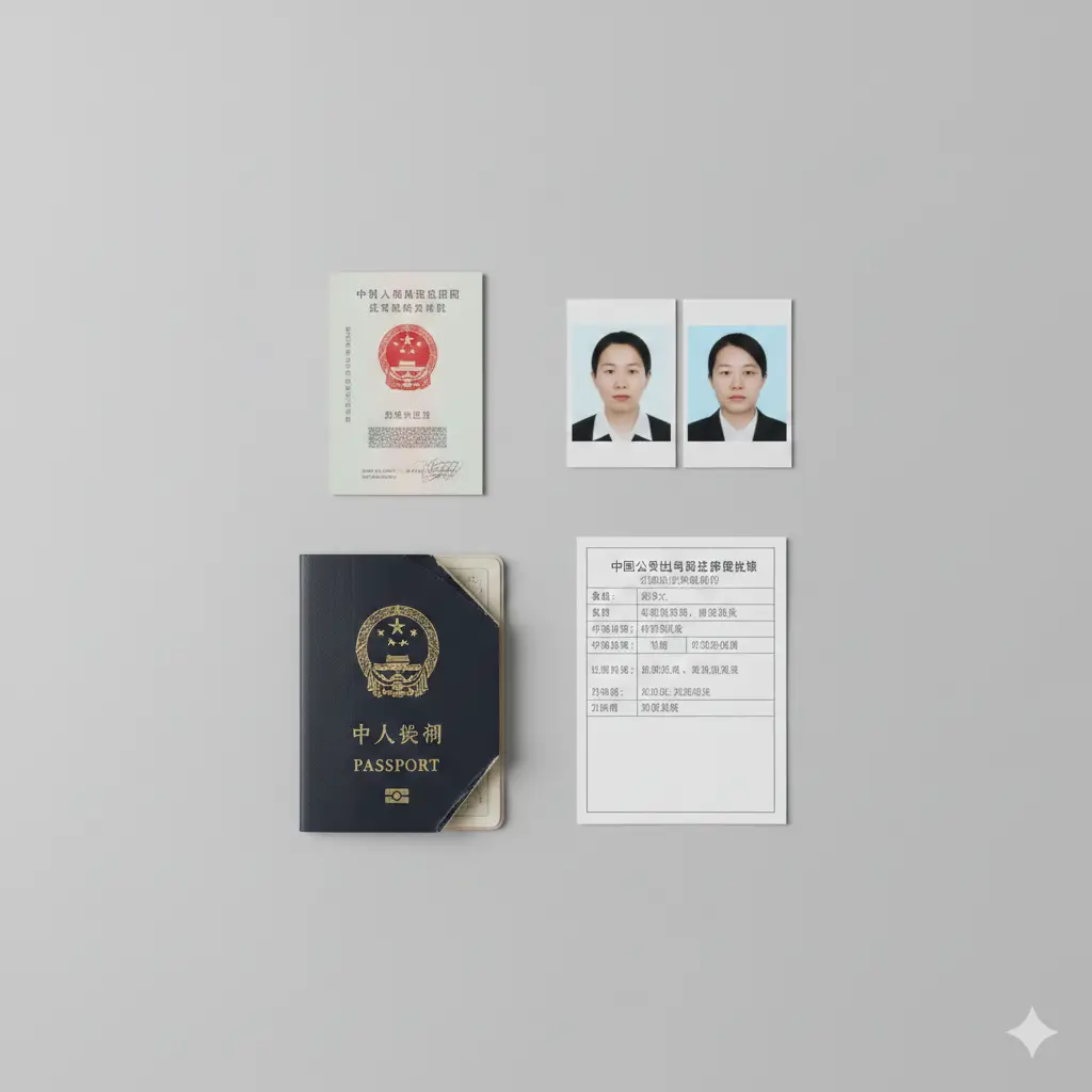 采用俯拍（Flat Lay）视角的极简风格摄影图，清晰展示护照更新所需的四大核心资料：一张中国居民身份证原件、两张标准的两寸白底证件照、一本剪角的旧护照以及一张纸质的回执单。物品排列整齐有序，背景为浅灰色或淡木纹色，光线均匀柔和，无阴影，旨在直观地告诉用户‘这就是你需要准备的所有东西’，消除准备资料时的焦虑感。