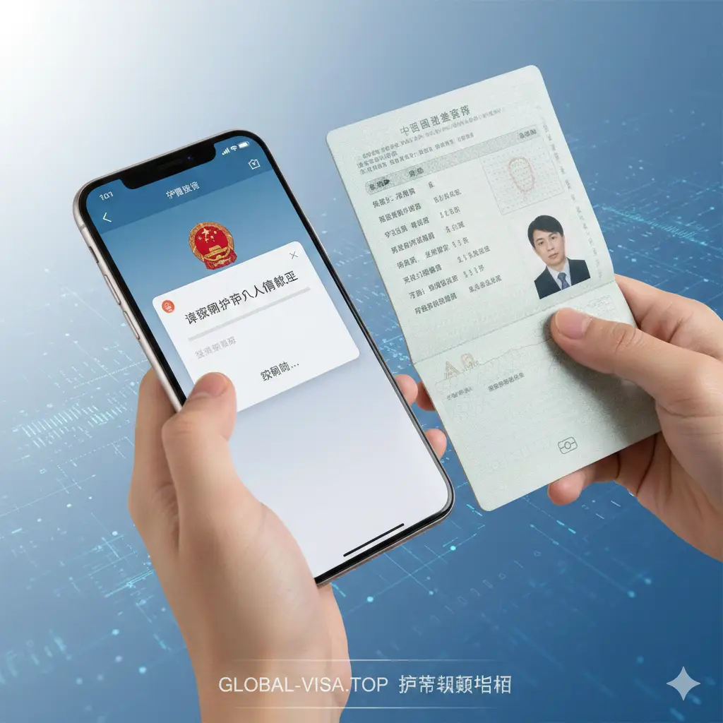 展示海外华人使用‘中国领事’APP办理护照的场景特写。画面中一只手拿着智能手机，屏幕上显示着模拟的APP操作界面（或者正在扫描护照信息页的动作），另一只手持打开的中国护照。背景带有科技感的淡蓝色光晕或数据流线条，象征数字化办理的便捷。图片重点突出手机屏幕与实体护照的交互，视觉风格现代、清晰，辅助说明APP换发流程。