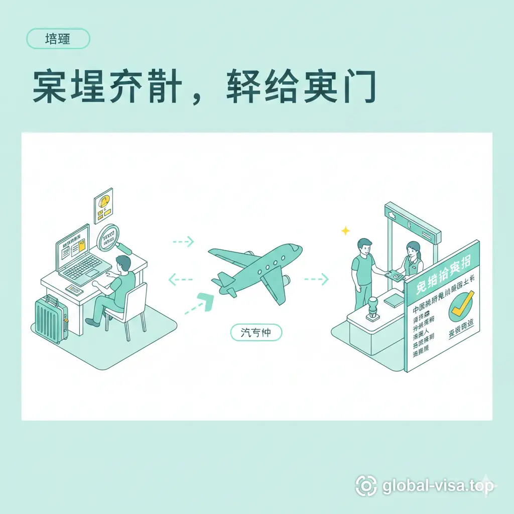 一张轴测图（Isometric）风格的流程指引图片，详细描绘了从出发前准备到入境的步骤。左侧是旅行者在家中检查护照有效期和打印酒店订单的场景，中间是飞机飞行的路径，右侧是抵达目的地后通过边检顺利盖章的画面。色彩明亮活泼，使用青色和白色为主色调，强调‘准备充分，轻松入境’的教程含义，细节中包含机票、行李箱和审核通过的绿色对勾符号。