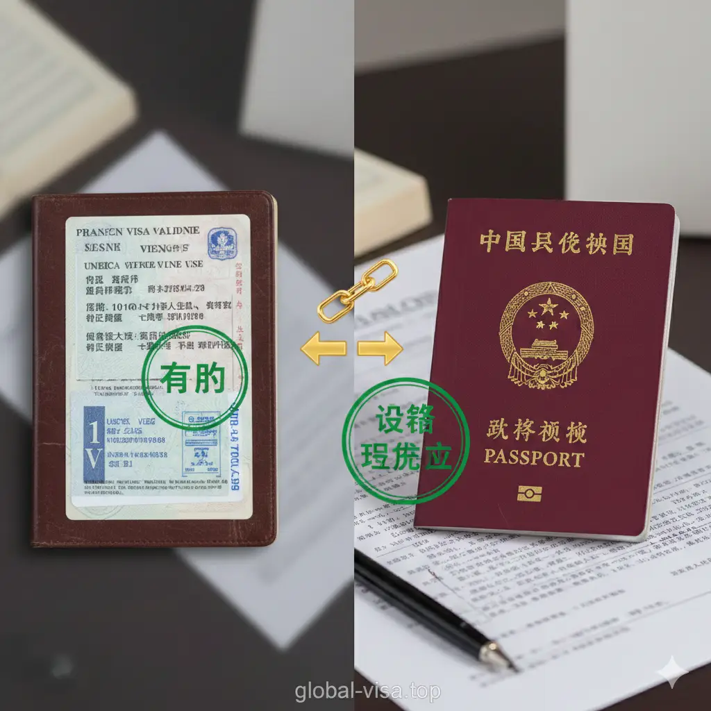 一张具有对比性和解释性的图片，左侧是一本旧护照，翻开展示着有效的十年美签或申根签证页；右侧是一本崭新的护照。中间用一个金色的链接图标或双向箭头连接，旁边配有‘Valid’（有效）的绿色印章图形元素。构图旨在直观解释‘新旧护照同时使用’的概念，解决用户关于签证是否失效的疑虑，风格严谨且具有指导性。