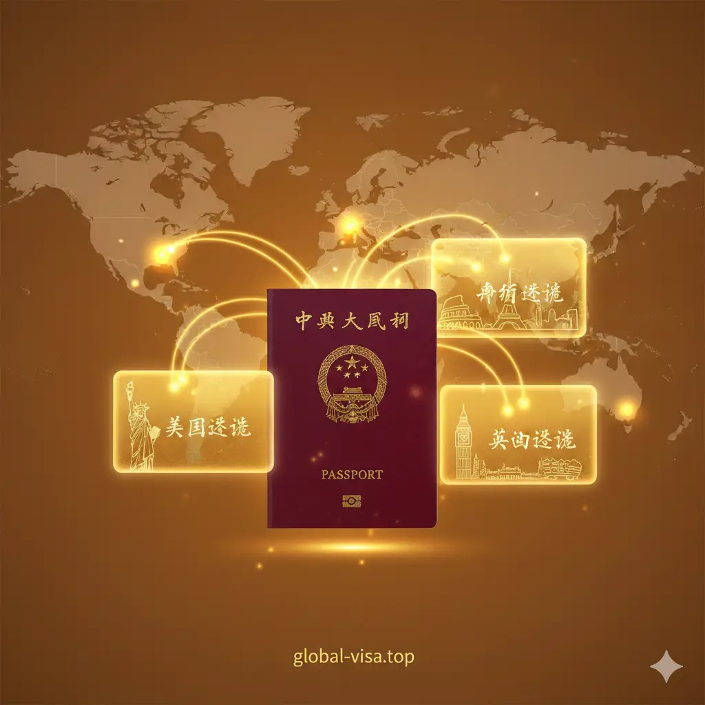一张展示‘条件式免签’优势的策略性图片。画面中心是中国护照，周围环绕着几张发光的‘金卡’或‘通行证’，分别代表美国签证、申根签证和英国签证。这些‘金卡’像钥匙一样，在背景的地图上解锁了更多的国家（如墨西哥、欧洲非申根区）。光效采用金黄色暖光，象征护照含金量的提升和额外福利，视觉上给人一种获得‘VIP’待遇的增值感。