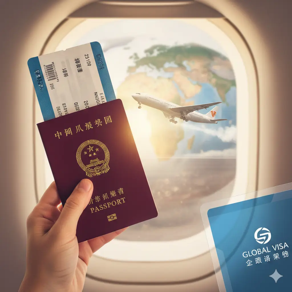 充满希望与期待的结尾图片，展示一位旅客的手持着新办好的护照和一张登机牌，背景是一个模糊的地球仪或世界地图，以及透过窗户看到的飞机起飞景象。画面右下角可以隐约看到Global Visa的品牌色或文件袋元素。暖色调的阳光洒在护照上，象征着繁琐的资料准备工作结束，即将开启顺利的全球旅程，呼应文章的行动号召。