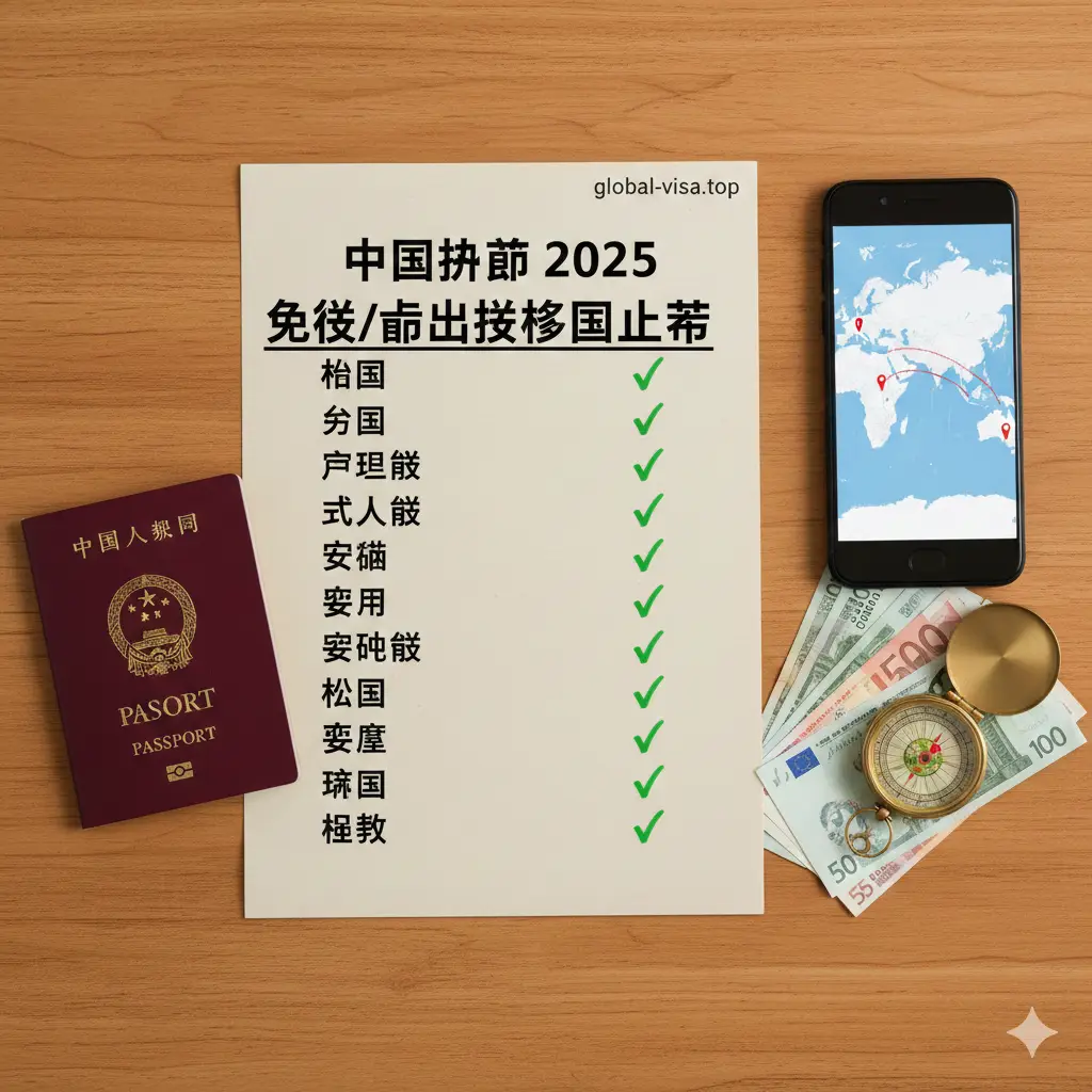 一张温馨且实用的旅行准备总结图，采用高视角的平铺摄影（Flat Lay）风格。木质桌面上整齐摆放着一本中国护照、一张打印好的签证政策清单（上面打着勾）、一部显示地图的智能手机、一些外币现金和一个复古指南针。光线自然柔和，营造出整装待发、信心满满的氛围，呼应文章结尾的FAQ和出行提示，给用户带来安心感。