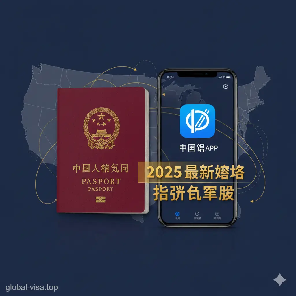 一张极具专业感与现代感的封面设计图。画面中心是一本深红色的中国电子护照，背景巧妙融合了美国地图的淡淡轮廓与飞机的航线图，象征在美华人的旅程。画面右侧放置一部显示着'中国领事APP'界面的智能手机，并叠加醒目的'2025最新攻略'与'指纹采集恢复'金色立体字样。整体色调以中国红、深蓝和金色为主，风格简洁大气，符合global-visa.top的专业签证咨询形象，一眼传达出这是关于在美国更新护照的最新权威指南。