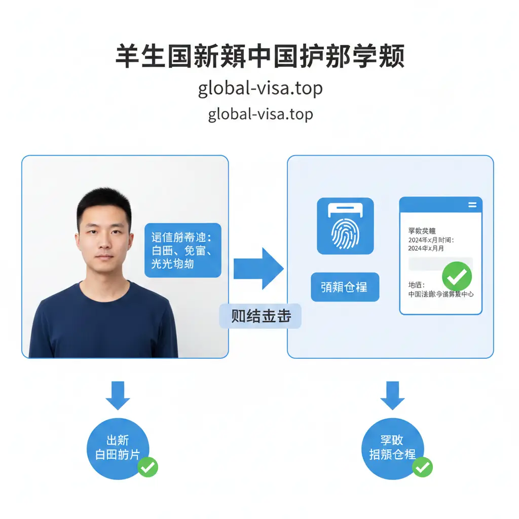 一张分屏设计的实操教程插图，采用干净扁平的插画风格。左半部分展示一位申请人站在洁白的墙面前，穿着深色衣服，面部光线均匀，提示'证件照标准'；右半部分展示指纹采集器的图标与预约确认单的样式，并用绿色对勾标记。画面中间通过箭头连接，清晰呈现从照片上传到指纹预约的逻辑步骤，视觉上突出'白底照片'和'指纹采集'这两个关键痛点，色彩清晰易读。