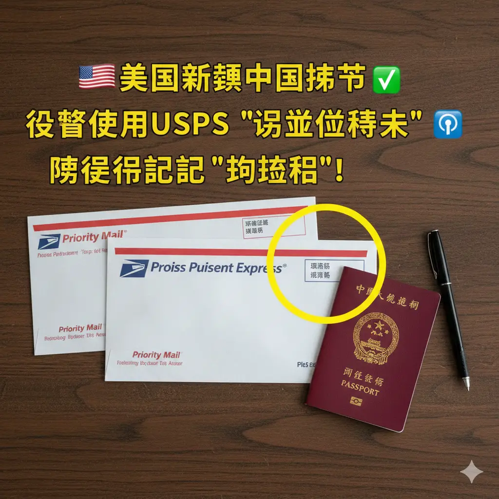 具有强烈警示与指导意义的实物摄影风格图片。画面特写展示了两个标准的USPS信封：红白相间的Priority Mail信封和蓝白相间的Priority Mail Express信封。信封旁放置着一本中国护照和一支笔，重点突显回邮信封上的'Tracking Number'（追踪号）区域，并用高亮圆圈标记。背景是木质桌面，整体风格写实、严谨，旨在直观告诉用户必须使用哪种信封以及如何记录追踪号，防止邮寄错误。