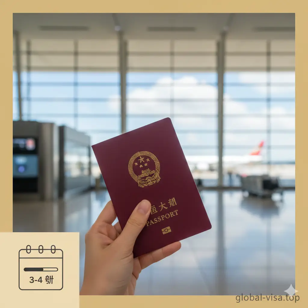 充满希望与安心感的总结性图片。画面前景是一只手拿着一本崭新的中国护照，背景是模糊的机场出发大厅或透过窗户看到的蓝天白云。画面一角叠加一个极简的日历图标，上面标记着'3-4 Weeks'的时间进度条，象征办理周期。整体色调温暖明亮，传递出'顺利拿到新护照'的积极结果，同时直观概括了时间成本，为文章结尾提供令人放心的视觉反馈。
