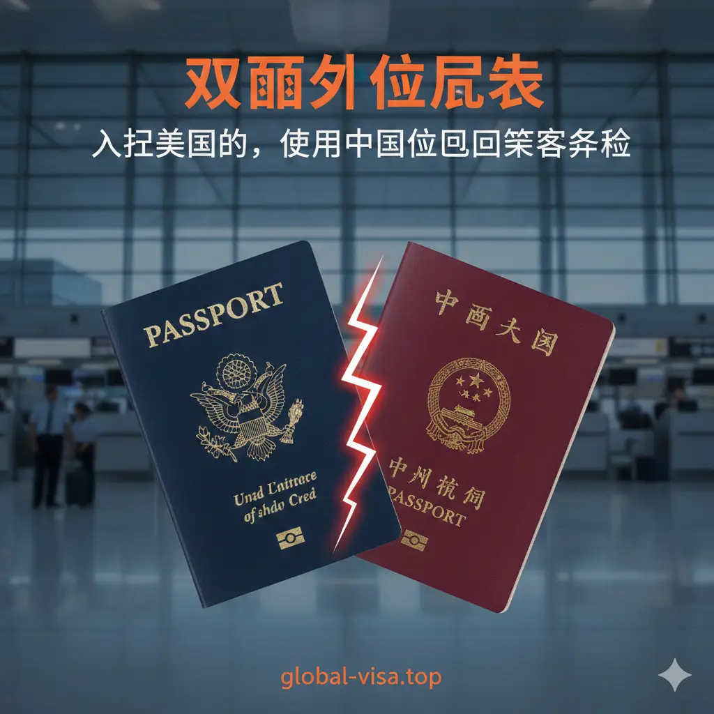 一张具有强烈警示感的封面图。画面左侧是一本深蓝色的美国护照,右侧是一本暗红色的中国护照,中间被一个半透明的红色警告标志或裂痕隔开。背景是现代化的国际机场航站楼,带有模糊的虚化效果。色调采用冷色调背景配合醒目的橙红色警示文字元素,构图平衡且专业,视觉中心聚焦在两本护照的对比上,传达出法律红线与身份转换的严肃感。