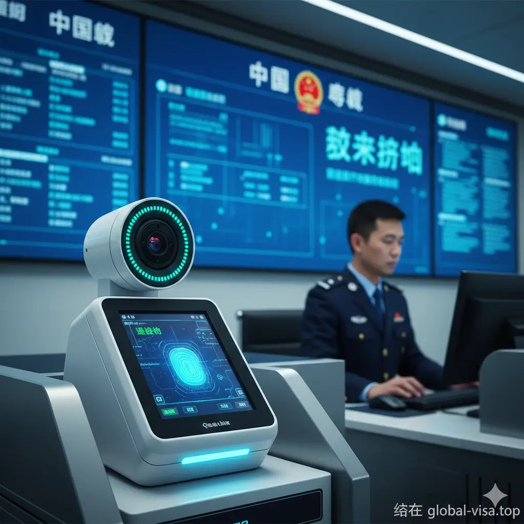 展示现代化中国海关查验场景的功能性图片。特写镜头对准机场边检柜台的生物识别设备,包括指纹扫描仪和面部识别摄像头。背景中有模糊的边检官员形象和电子屏幕显示的数据流,象征着2025年数字化管理和大数据比对。风格写实且具有科技感,色彩以深蓝色、青色和科技白为主,体现出出入境管理系统的严密性与不可规避性。