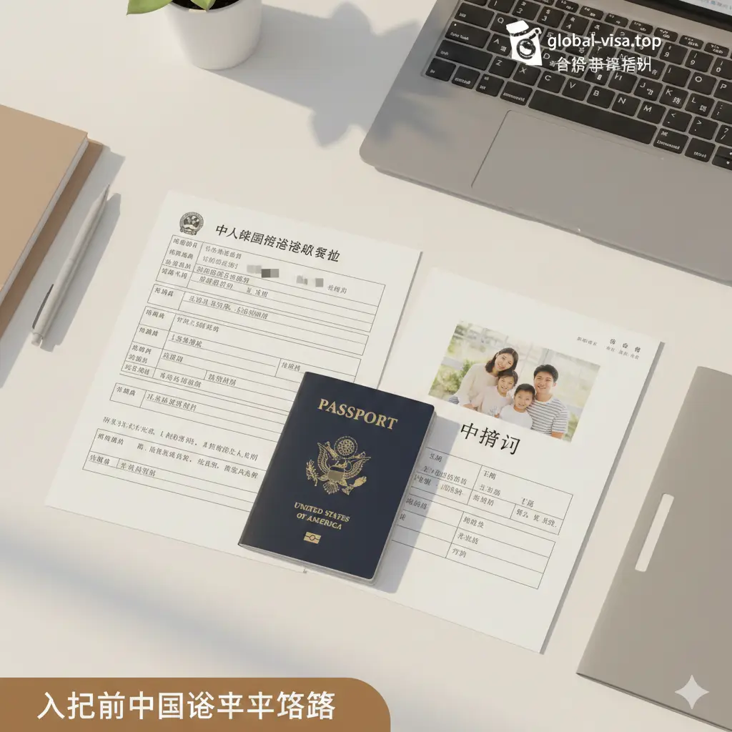 一张清晰直观的教程类图片。展示办公桌上一套整齐排列的申请材料:一份填写完美的中国签证申请表、一本美国护照、一张带有家庭合影的中国邀请函模板。画面光线明亮自然,采用俯视微距构图。色彩温暖且干净,背景是 global-visa.top 风格的极简办公环境,侧面体现出申请流程的规范化与合法化路径,引导用户转向合规申请。