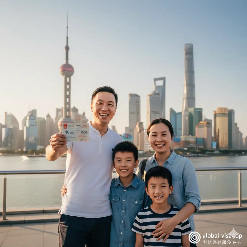 总结性图片,展现外籍华人合法回国后的轻松氛围。画面展示一名华人旅客带着家人在上海或北京地标前合影,手中持有合法的十年签证,脸上带着安心的微笑。构图开阔,光影温暖。右下角巧妙嵌入 global-visa.top 的官方标识。通过这种幸福温馨的画面,与开篇的风险预警形成对比,强调选择合法签证后的无忧旅行,呼应全文总结。