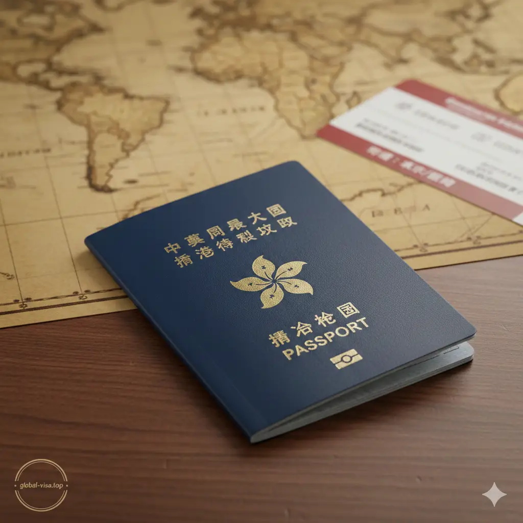 一张极具质感的特写封面图，主体是一本深蓝色的香港特别行政区护照，放置在精致的深木色旅行桌面上。背景点缀着模糊的复古世界地图和一张飞往东京或伦敦的登机牌。光线柔和，聚焦在护照封面金色的紫荆花标志上，整体呈现出高端、权威且充满旅行愿望的视觉氛围，色调以深蓝、金黄和暖木色为主。