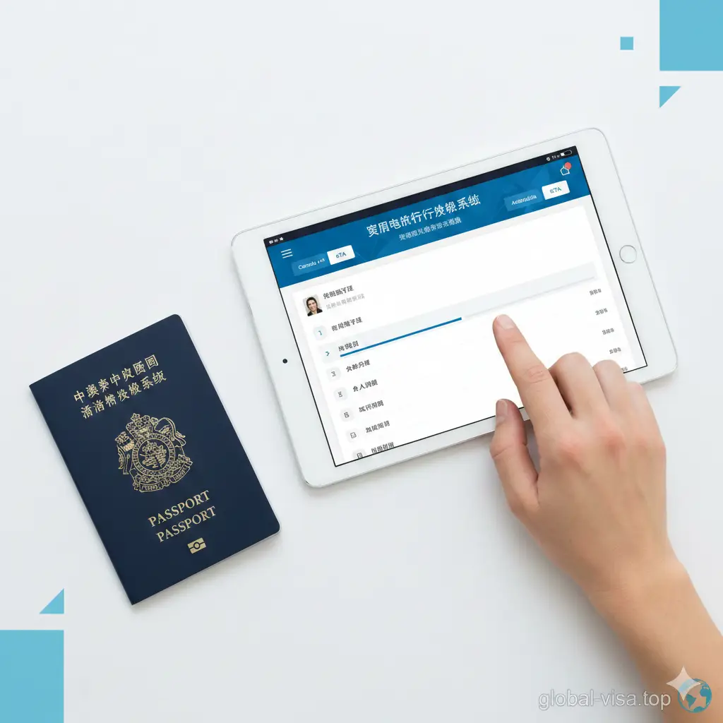一张清晰的场景化教程图片，展示一只手正在操作平板电脑，屏幕上模拟显示着加拿大eTA或澳洲ETA的申请界面。桌旁放着香港护照。画面使用俯拍视角，光线明亮自然，构图简洁且具有指引性，色彩以清新自然的白色和浅蓝色背景为主，强调电子化申请流程的便捷与快速。