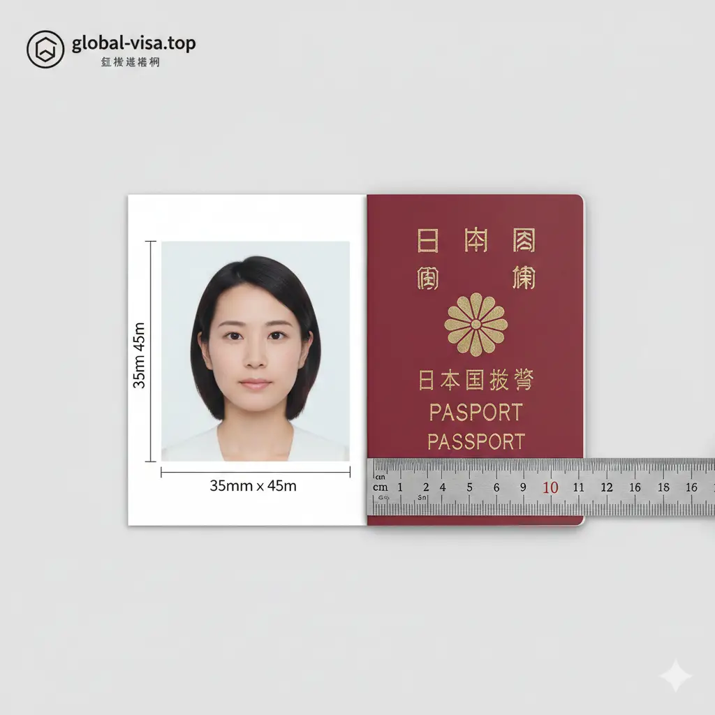 这张封面图采用专业且现代的设计风格。画面中央展示一张符合日本护照标准的35mm x 45mm样片，模特表情自然，背景为纯白色。照片周围环绕着精致的日本护照（红色樱花封面）和一把刻度精确的比例尺，强调尺寸的严谨性。左上角或右上角带有global-visa.top的极简Logo。整体色彩以日本国旗的红白色调为主，辅以淡雅的灰色，构图平衡且具有权威感。