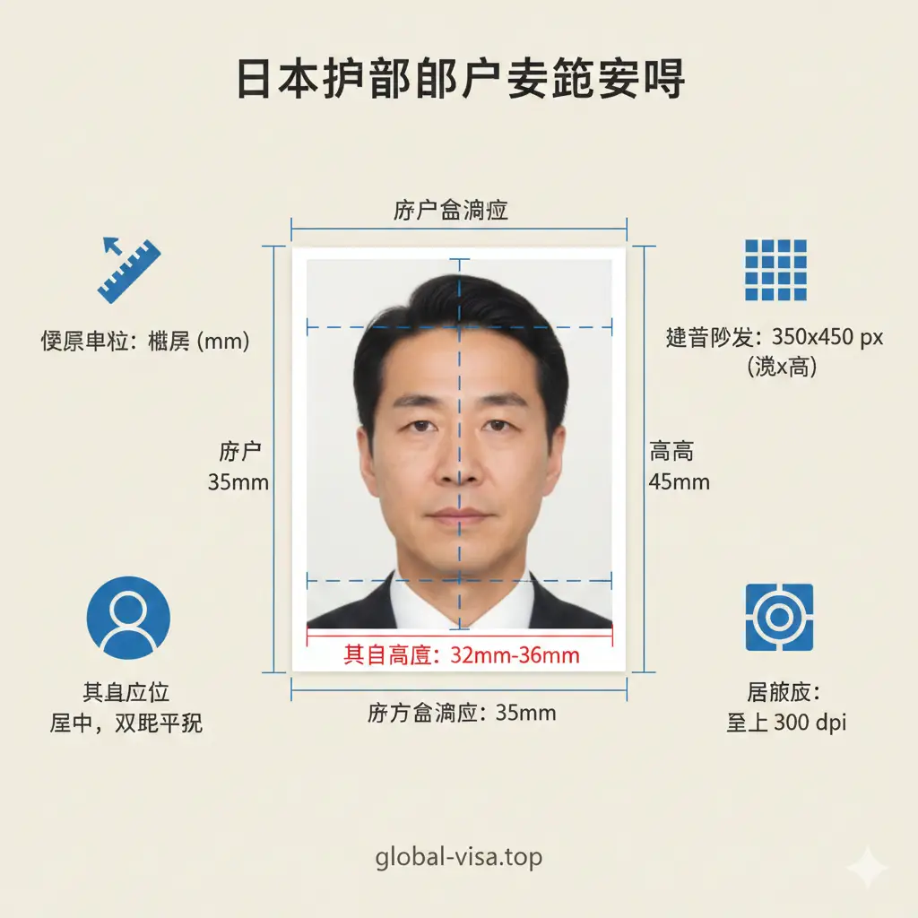 这是一张功能性极强的规格示意图。背景为简洁的淡蓝色或米色，中心展示一张特写的人像照片，并在其上叠加半透明的辅助线和标注。详细标注出头顶到下巴的32mm-36mm高度、照片总宽35mm和高45mm的数值。采用扁平化图标元素，清晰传达像素、分辨率及头部位置等技术参数，风格类似于官方指南说明书，专业且易于理解。