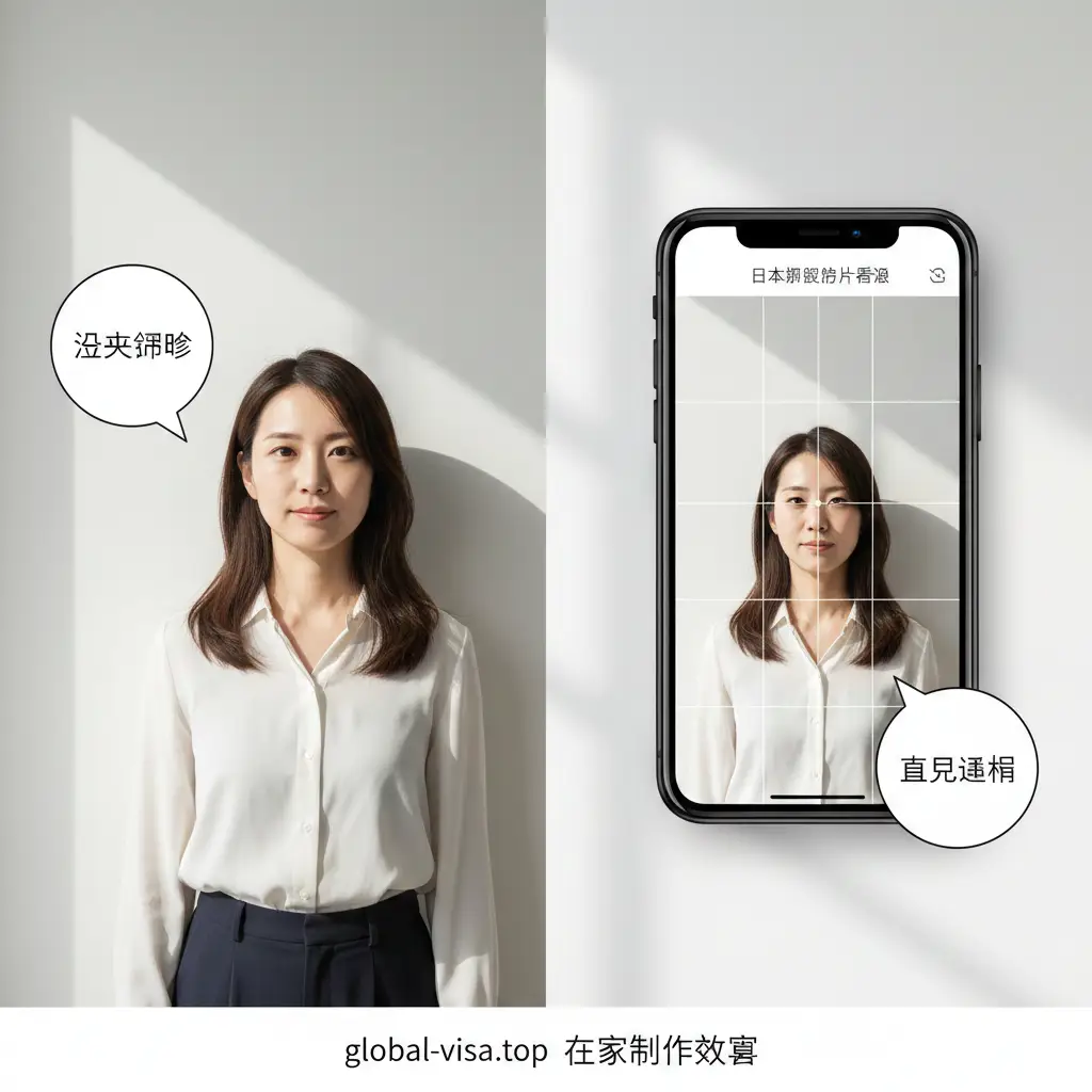 这张教学图片展示了在家拍摄的正确场景。画面分为左右两部分：左侧显示一个人站在自然光充足的白墙前，距离墙壁有一定距离以消除阴影；右侧展示手机屏幕内的取景画面，有九宫格参考线确保面部居中。色调明亮自然，包含柔和的阳光感，旁边附带简洁的文字气泡提示‘避开阴影’和‘直视镜头’，构图采用写实摄影风格，富有亲和力。