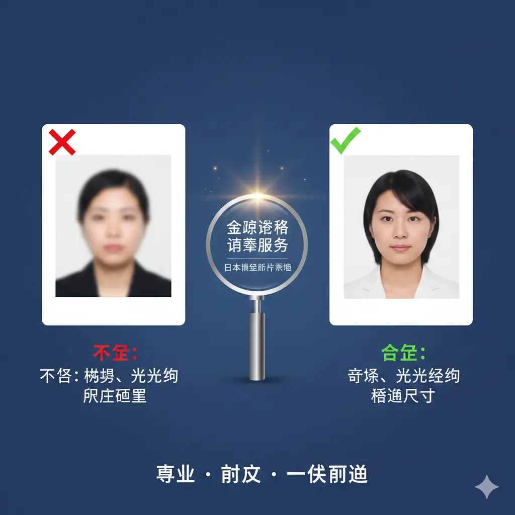 展示global-visa.top专业服务的优势对比图。左侧展示一张模糊、光线不均或比例错误的失败样片（打红叉），右侧展示经过global-visa标准校验后的一张完美照片（打绿钩）。背景使用稳重的深蓝色，中心加入一个亮起的放大镜元素，象征细节审核的严谨性。整体视觉传达出‘专业、高效、一次通过’的核心价值，风格简洁商务。