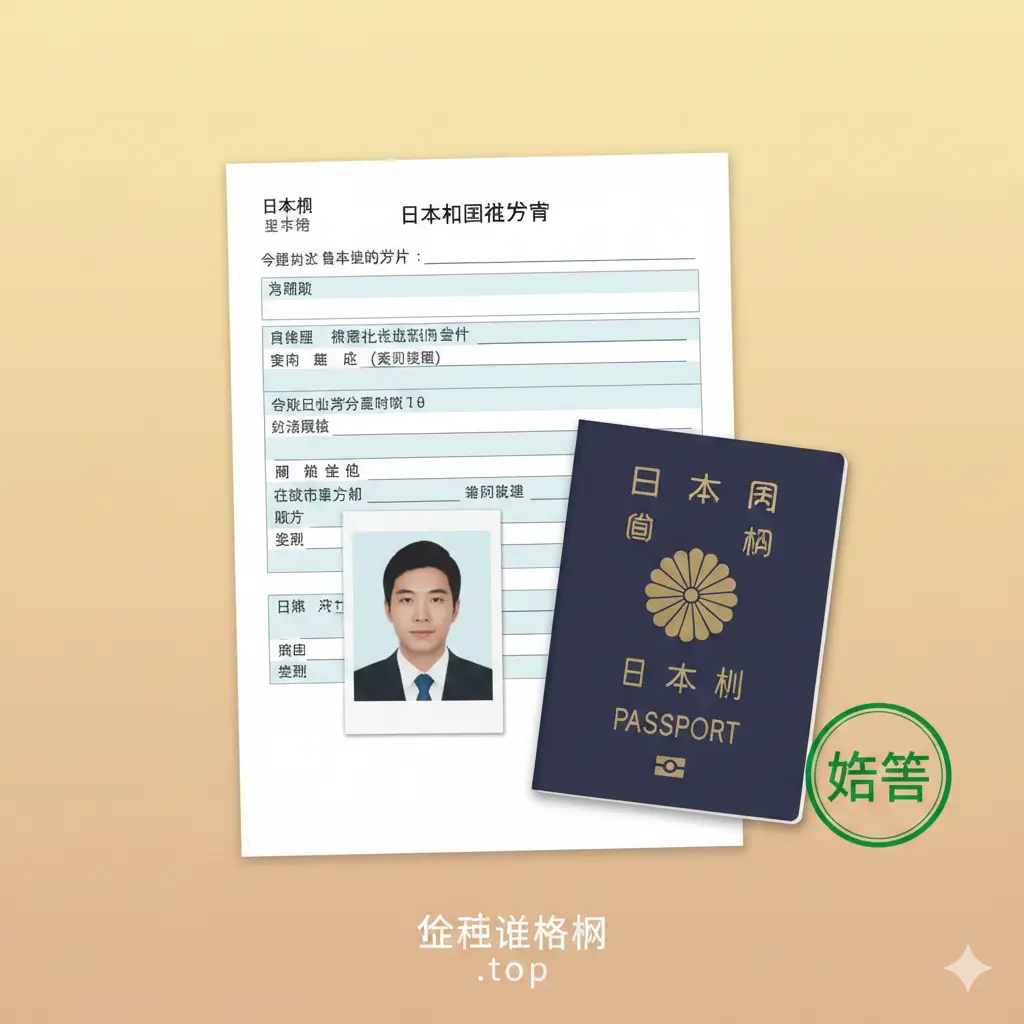 总结性图片，视觉中心是一个整洁的办公桌面，上面摆放着一份已填妥的申请表、一张剪裁完美的标准照片和一本日本护照。背景色彩温暖，散发出成功的喜悦感。右下角有一枚绿色的‘Qualified’（合格）印章，画面构图采用俯视视角（Flat Lay），整体色调和谐统一，象征着在global-visa.top的帮助下，用户能轻松完成照片准备流程。