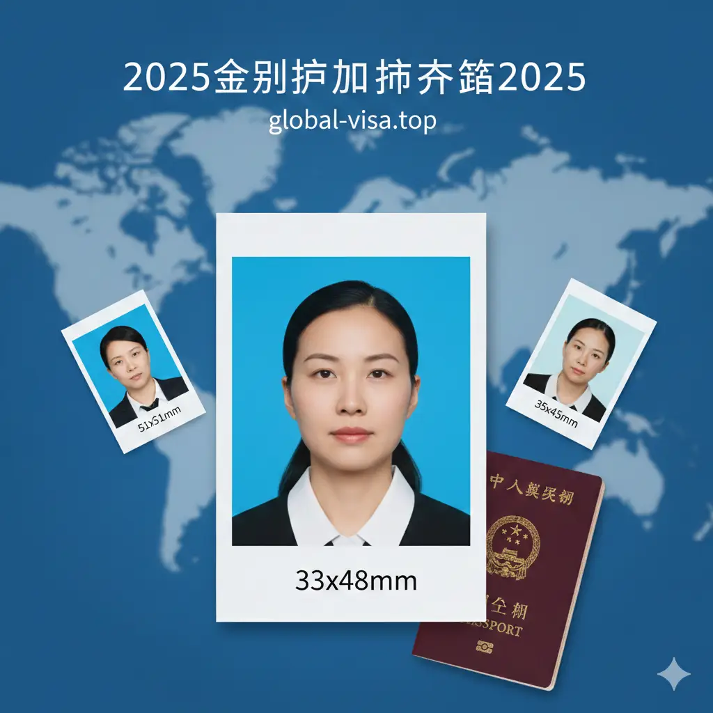 一张极具国际化视野的封面图。背景是模糊的全球地图，前景居中展示一张高清的符合中国标准的护照照片示例（33x48mm），照片旁放置一本中国护照的一角。画面左右两侧分别悬浮着美国签证照片（51x51mm）和申根签证照片。色调采用全球化商务蓝与简洁白，文字点缀‘2025全球护照照片规格’，构图平衡，展现出权威感与专业性。