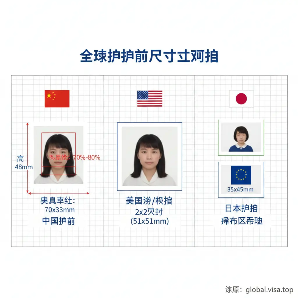 一张清晰直观的功能对比图。采用简洁的白色背景，利用网格布局展示不同国家的护照尺寸差异。左侧展示中国护照照片的标注图解（标注宽33mm高48mm及头部占比），中间展示美国2x2英寸正方形照片，右侧展示日本与申根标准。每张照片下方配有国旗图标和核心参数文字，风格类似信息图表，色彩鲜明，方便用户快速定位所需国家的标准。